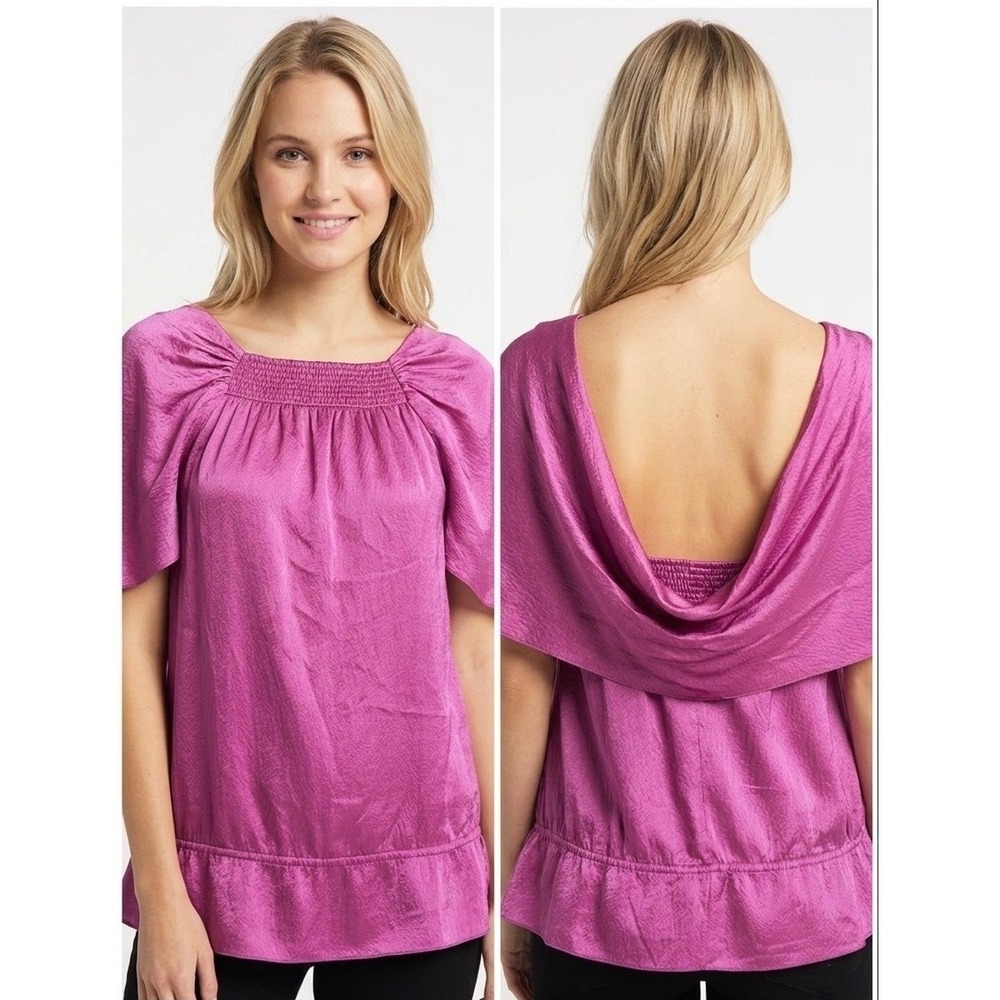 BCBGMAXAZRIA Womens Magenta Pink 100% Silk Cowl Back Flutter Sleeve Blouse XS
